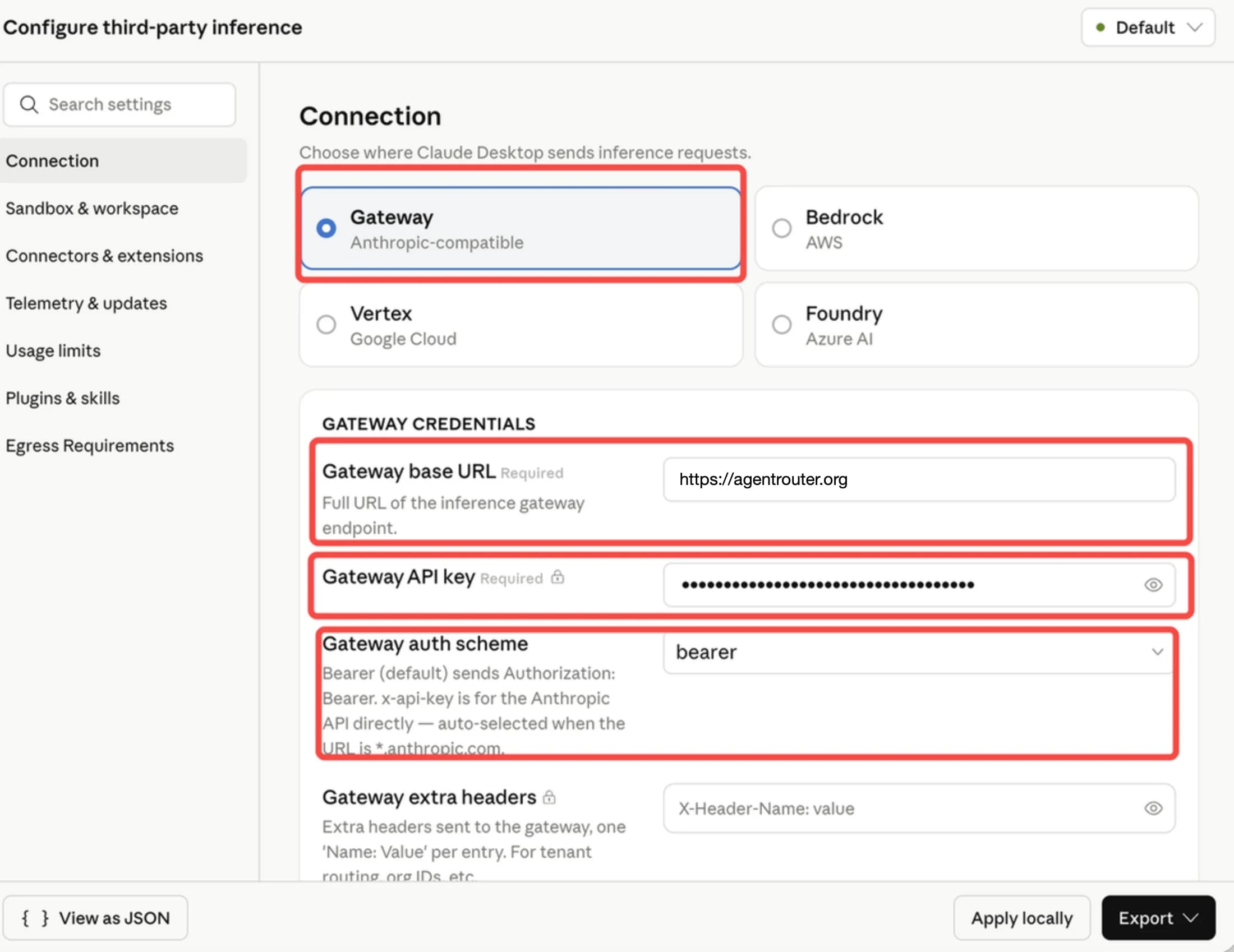Configure third-party inference 页面 Gateway 连接配置