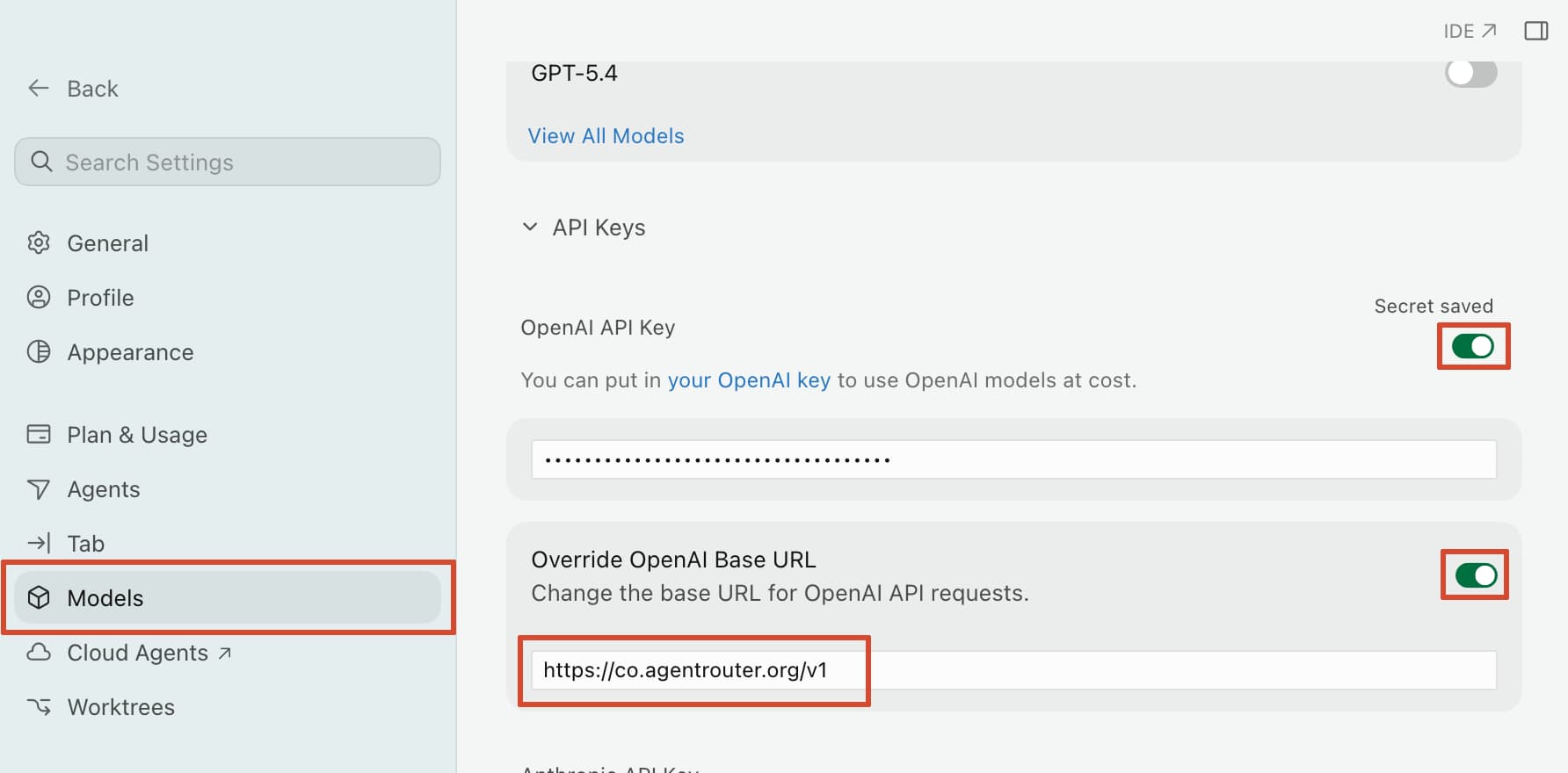 Cursor 设置 - Models 页面，配置 OpenAI API Key 与 Override Base URL