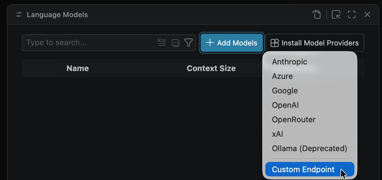 Language Models 面板，点击 Add Models 并选择 Custom Endpoint