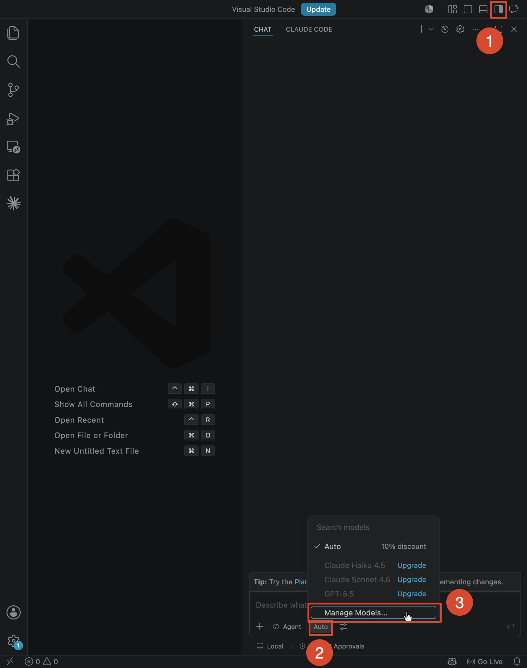 打开 Copilot Chat 面板，点击模型选择器，选择 Manage Models
